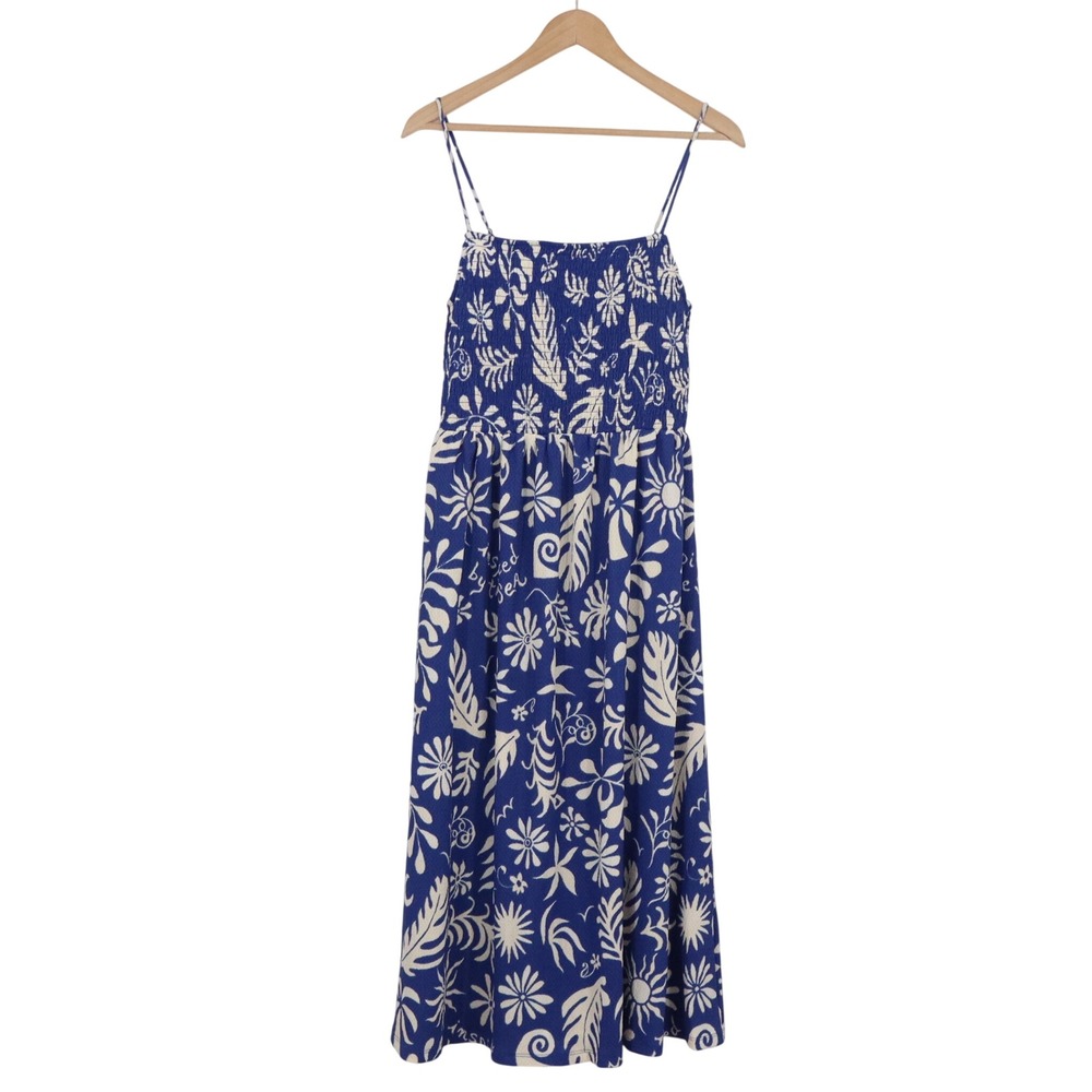H&M Dress Womens Medium Smocked Midi Blue White Floral Spaghetti Strap New